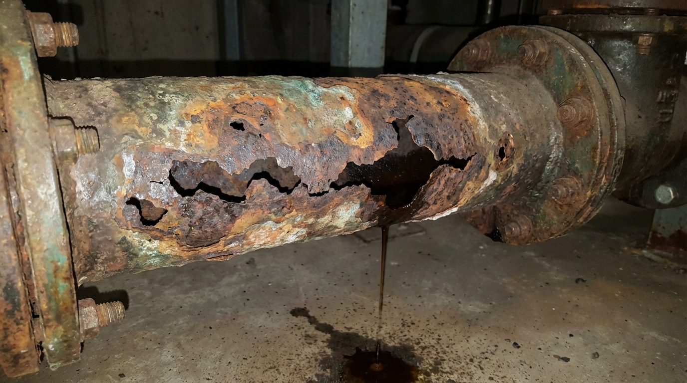 Một đoạn ống dẫn khí thải bị ăn mòn thủng lỗ chỗ do tính sai vận tốc dòng khí, gây đọng axit.