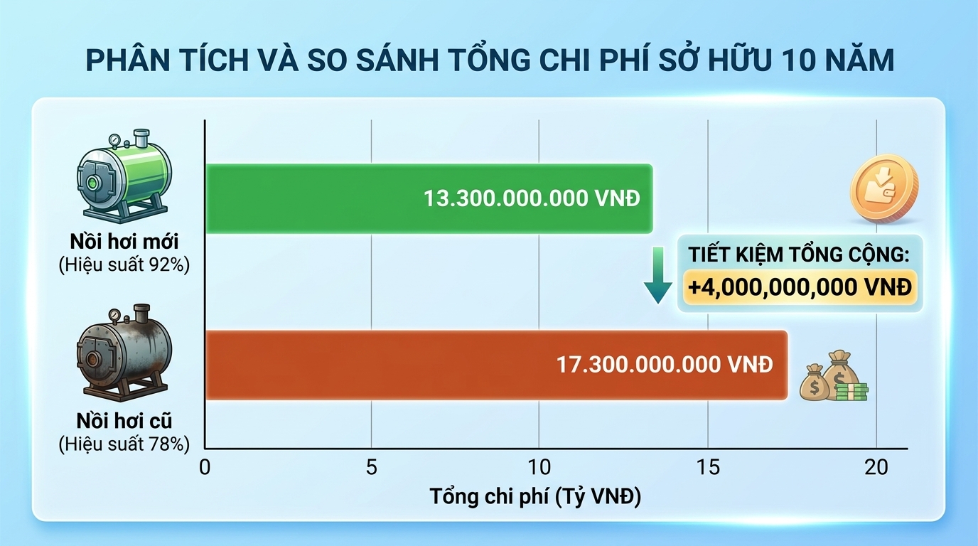 Biểu đồ so sánh tổng chi phí sở hữu nồi hơi cũ và mới