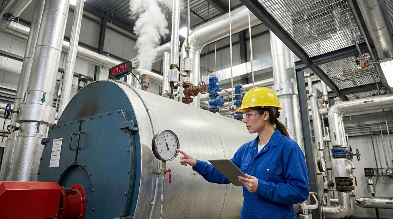 Kỹ sư kiểm tra áp suất lò hơi công nghiệp trước ca vận hành