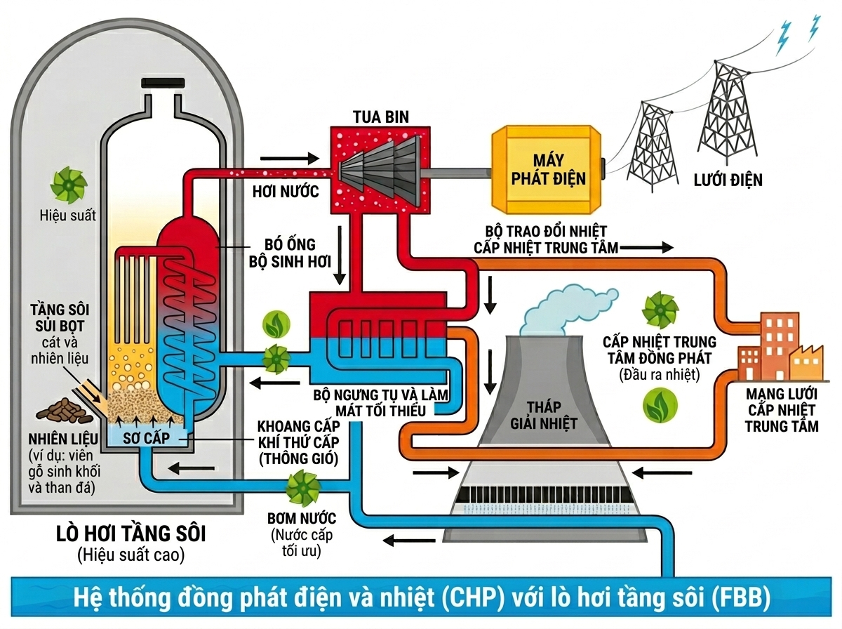 Sơ đồ nguyên lý hệ thống đồng phát CHP tích hợp lò hơi tầng sôi tại Việt Nam