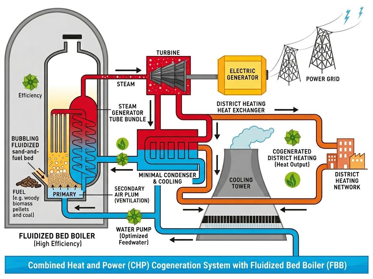Sơ đồ nguyên lý hệ thống đồng phát CHP tích hợp lò hơi tầng sôi tại Việt Nam