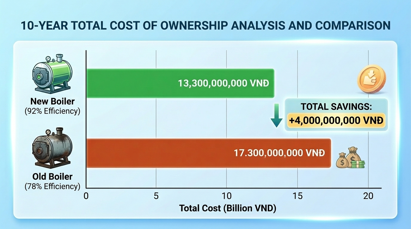 Comparison chart of total cost of ownership between old and new boilers over 10 years