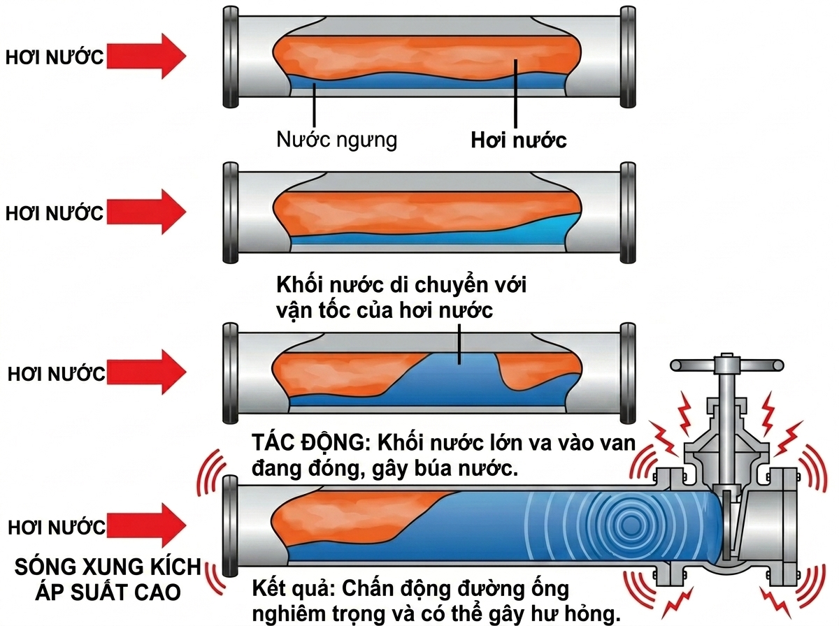 Minh họa hiện tượng búa nước trong đường ống hơi nóng