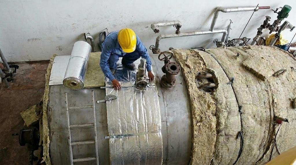 Nhân viên bảo dưỡng đang thay mới lớp bảo ôn của nồi hơi cũ